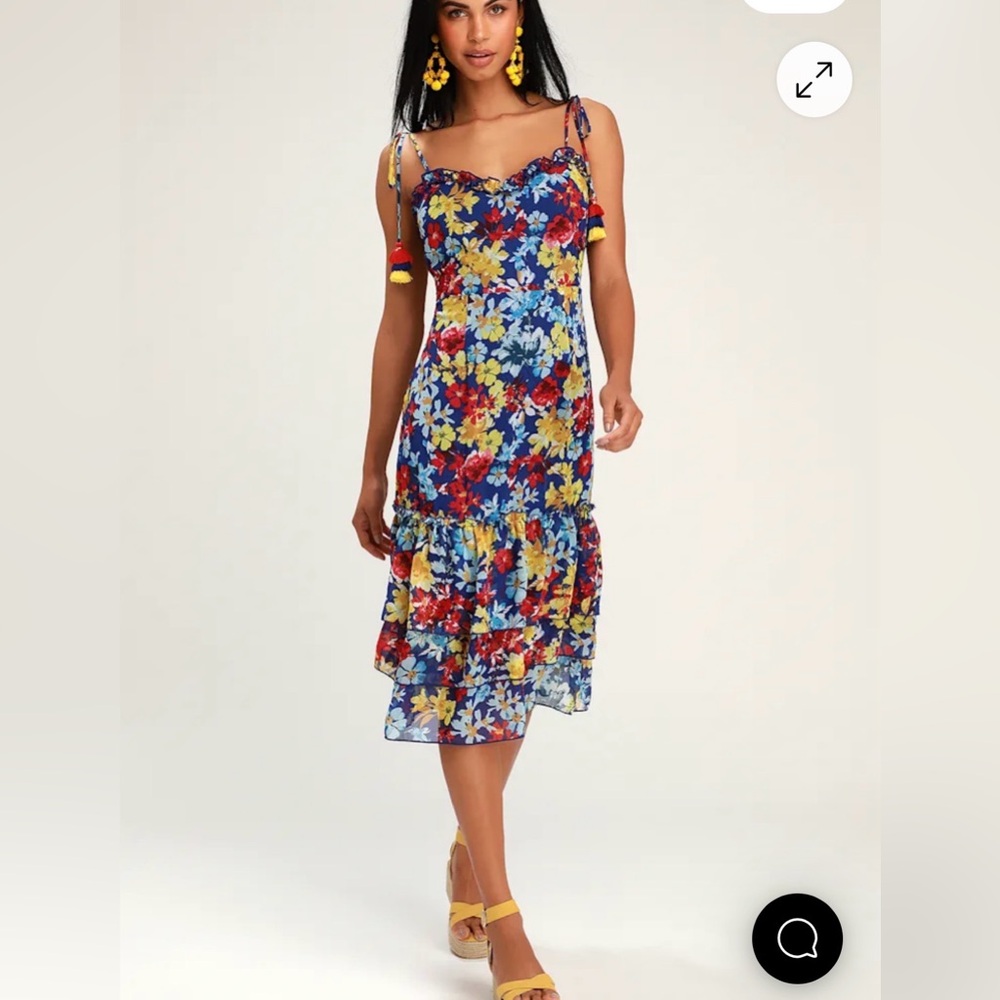 Lulus Vacay Sera Sera Blue Floral Print Tie-Strap Midi Dress